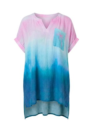 Tunika med korte ærmer med en gradient fra pink til blå, opbuk ved ærmekanterne, V-udskæring og en blå brystlomme med pink palmebroderi.