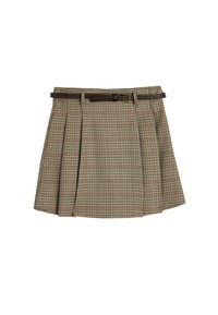 Brun hundtandsmönstrad plisserad kjol med ett brunt bälte. Har en spänne och en strukturerad midja, vilket framhäver en skräddarsydd design och textur.