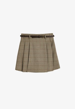 Gonna pieghettata marrone a motivo houndstooth con una cintura marrone. Include una fibbia e una vita strutturata, mettendo in mostra un design e una texture sartoriali.
