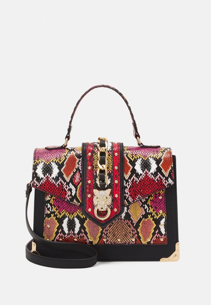 Sac structuré avec motif en peau de serpent multicolore, chaîne dorée et détail tête de panthère, bandoulière noire et accents métalliques aux coins.