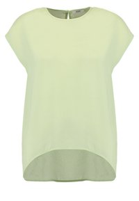 Ljusgrön kortärmad topp med rund halsringning, flödande tyg och längre bakre nederkant. Har en liten nyckelhålsöppning bak.