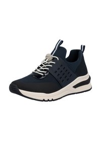 Navy mesh athletic shoe with a textured black panel, elastic laces, and a white cushioned sole, featuring a rear pull tab for easy wear.