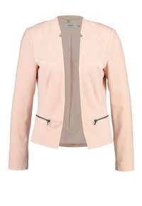 Ljusrosa blazer i mjukt tyg med slagkrage, långa ärmar och fickor med dragkedja på sidorna. Enkelt, odekorerat design.