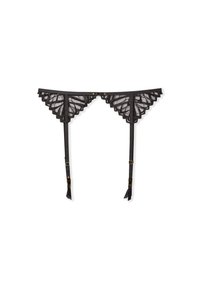 Giarrettiera in pizzo nero con bordi scallop, cinturini regolabili e hardware in tonalità oro. La trama trasparente esalta il suo design intricato.