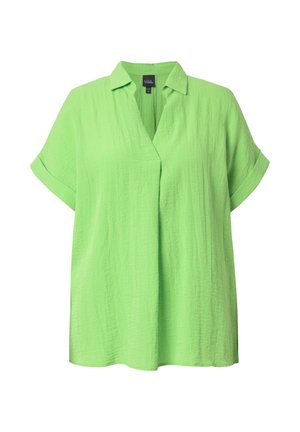 Kurzärmelige, limettengrüne, gekräuselte Bluse mit Kragen und vorderer Falte, aus leichtem Stoff, Größenetikett sichtbar innen im Kragen.