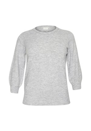 Grey pullover sweater made from soft material, featuring a round neckline, long puff sleeves, and a relaxed fit. No visible patterns or accents.