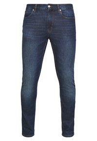 Tmavě modré džíny s úzkým střihem, které mají klasické uspořádání pěti kapes a kontrastní švy.