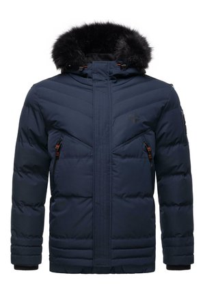 Navy puffer jacket with a faux fur-lined hood, zigzag stitching, two zippered front pockets, and ribbed cuffs for added warmth.