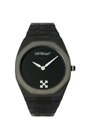 Orologio da polso in metallo nero con lancette bianche per ore e minuti, logo Off-White e testo "ON TIME" sul quadrante e cinturino a maglie.