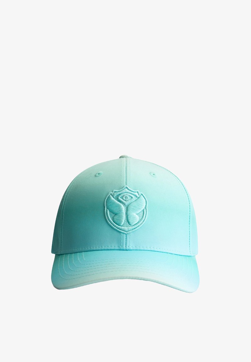 Casquette de baseball bleu aqua avec un logo texturé à l'avant, visière courbée et détails cousus le long des bords. Finition en tissu lisse.