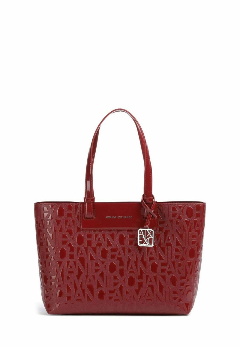 Borsa a spalla in pelle verniciata rossa con design del logo in rilievo, manici doppi e ciondolo con logo in tonalità argento. Forma rettangolare, texture liscia.