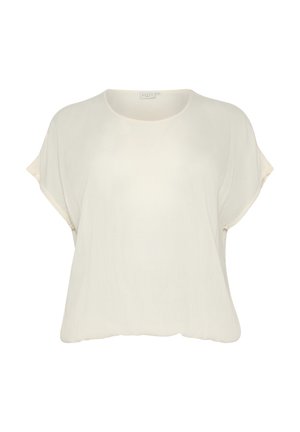 Light beige short-sleeved top with a round neckline. Made of soft, textured fabric. Loose fit with a flowing silhouette.