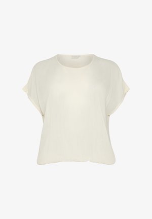 Vaalean beige lyhythihainen paita, jossa on pyöreä kaula-aukkko. Valmistettu pehmeästä, teksturoidusta kankaasta. Rennon istuvuuden omaava, virtaava siluetti.