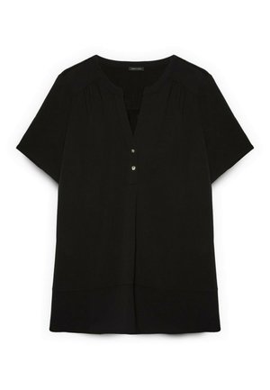 Blusa negra de manga corta con cuello redondo, dos botones delanteros, hombros fruncidos y banda ancha en el bajo.