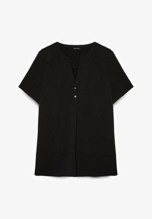 Czarna bluzka z krótkim rękawem, okrągłym dekoltem, dwoma guzikami z przodu, marszczonymi ramionami i szeroką taśmą u dołu.