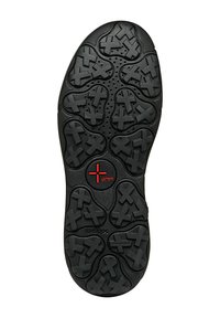 Suola di scarpa in gomma nera con un motivo texturizzato per la presa e il logo "GRIP" rosso, dotata di incisioni circolari per la trazione.