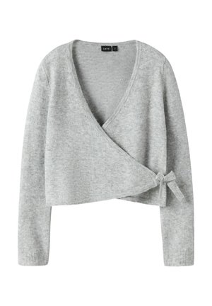 Svetre zlahka sivo dolgimi rokavi iz pletene tkanine z globokim V-izrezom in stranskim vezanjem, skrajšana dolžina, rebrasti manšeti.