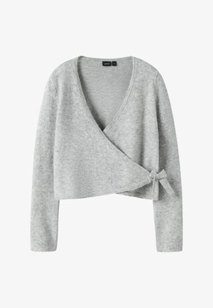 Svetre zlahka sivo dolgimi rokavi iz pletene tkanine z globokim V-izrezom in stranskim vezanjem, skrajšana dolžina, rebrasti manšeti.