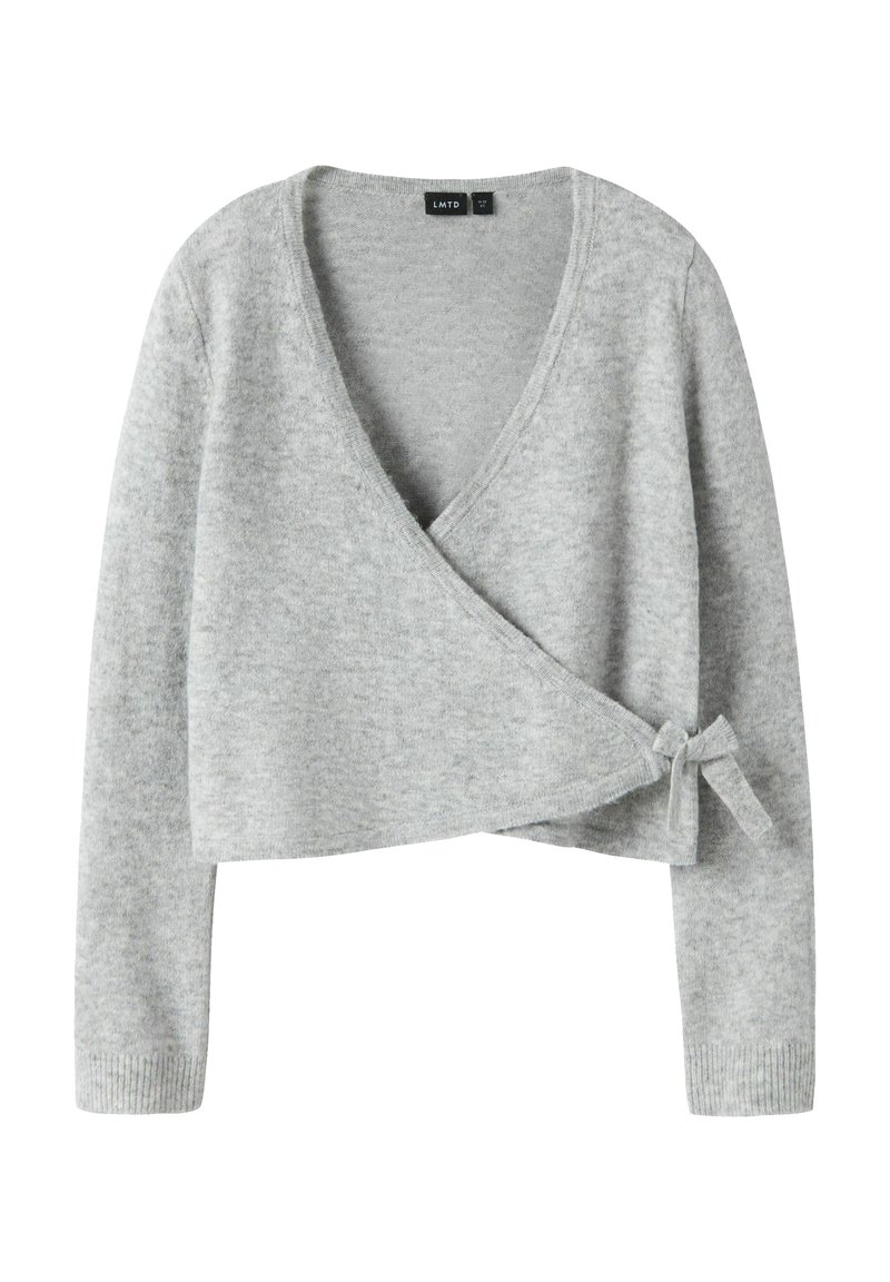 Maglione avvolgente grigio chiaro a maniche lunghe con scollatura a V profonda e chiusura con lacci laterali, lunghezza cropped, polsini a coste.