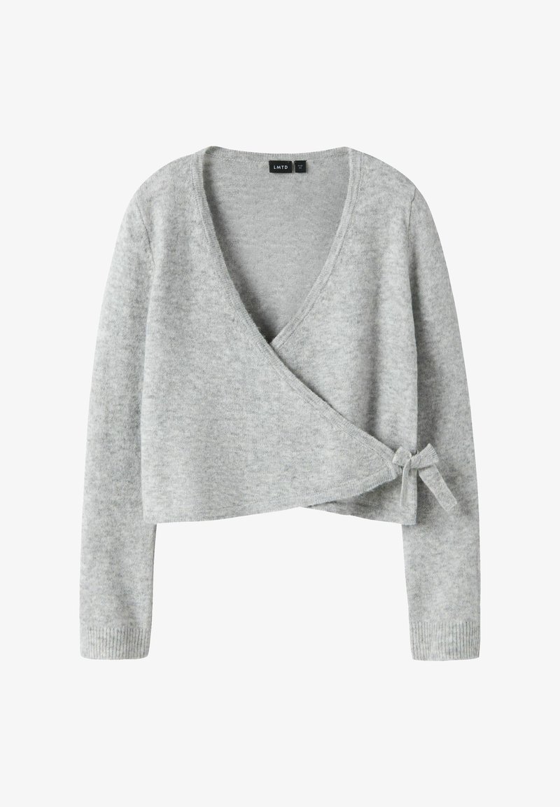 Maglione avvolgente grigio chiaro a maniche lunghe con scollatura a V profonda e chiusura con lacci laterali, lunghezza cropped, polsini a coste.