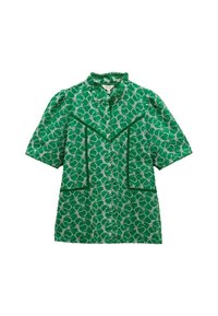 Camicia verde a maniche corte con motivo floreale e dettagli simili a pizzo. Presenta un colletto arricciato e due tasche frontali con accenti decorativi.