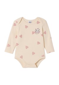 Long-sleeve beige onesie with pink heart patterns and a cat illustration on the front. Features snap closures at the bottom for easy dressing.