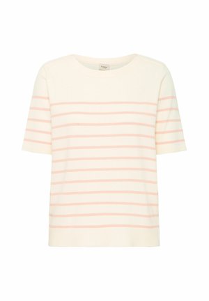 Črtast pleten pulover v kremni barvi s roza vodoravnimi črtami, okroglim izrezom in kratkimi rokavi. Gladka tekstura, sproščen kroj.