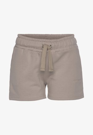 Lichtgrijze sportshorts met een elastische tailleband, verstelbaar trekkoord, zachte textuur en subtiele branding aan de zijkant.