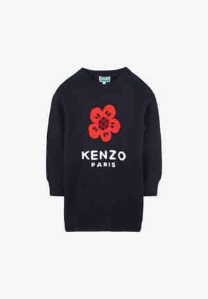 Navy gebreide trui met een rode bloemenafbeelding en witte tekst "KENZO PARIS" op de borst. Ronde hals en lange mouwen.
