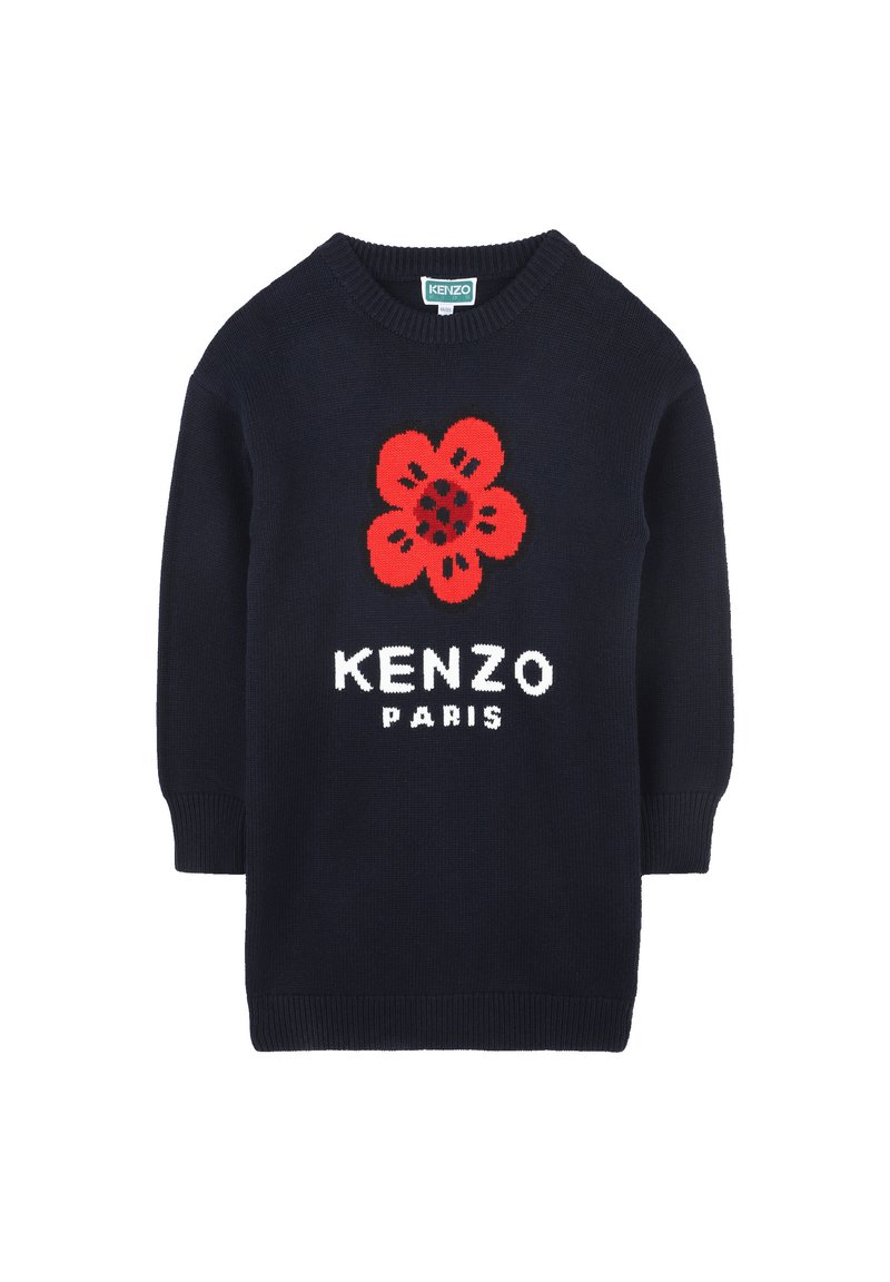 Pull en maille bleu marine avec un graphique de fleur rouge et le texte blanc "KENZO PARIS" au niveau de la poitrine. Col rond et manches longues.