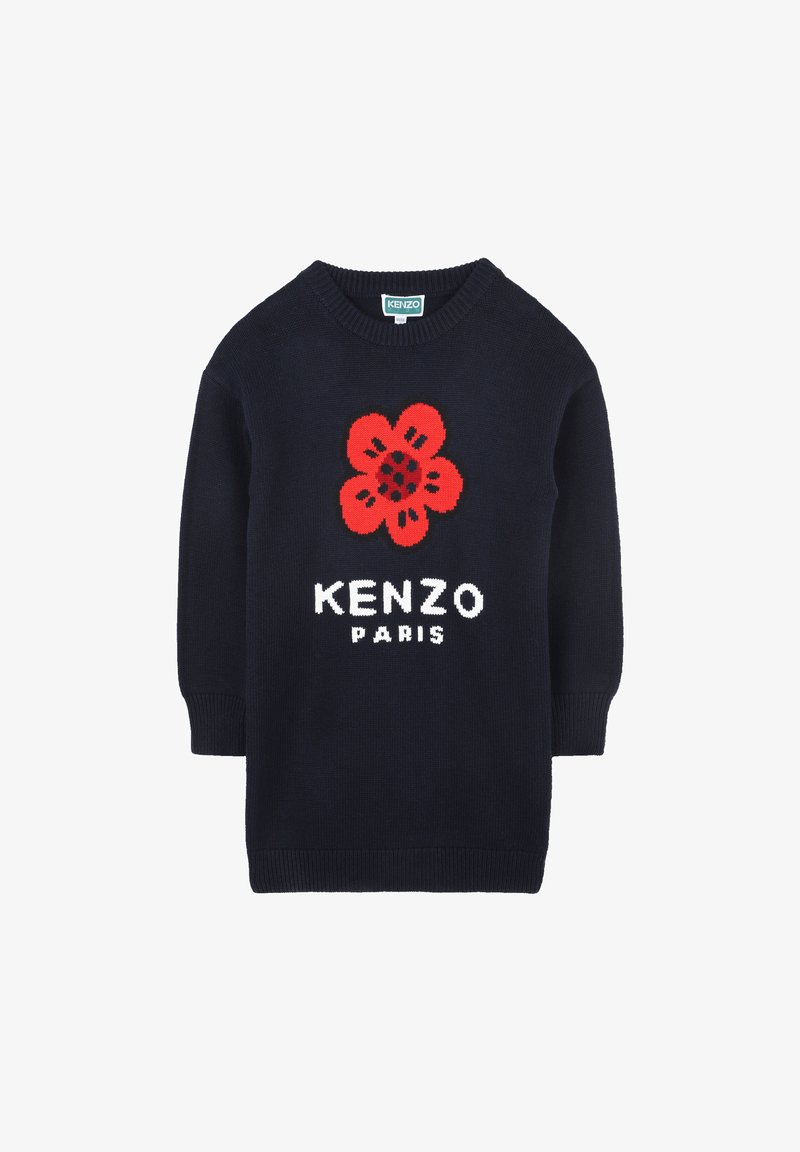 Pull en maille bleu marine avec un graphique de fleur rouge et le texte blanc "KENZO PARIS" au niveau de la poitrine. Col rond et manches longues.