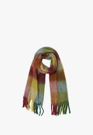 Wool scarf featuring horizontal stripes in green, yellow, red, and blue, with fringed ends and a soft, textured appearance.