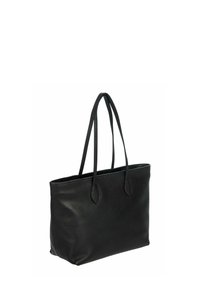 Sac fourre-tout en cuir noir avec deux longues poignées, forme rectangulaire, texture grainée et ouverture sur le dessus. Pas de matériel ou motifs visibles.