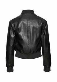 Schwarze Leder-Bomberjacke mit gerippten Bündchen und Kragen, ausgestattet mit einem taillierten Saum und glatter Textur. Rückansicht zeigt Nahtdetails.