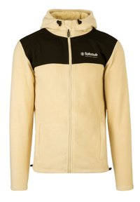 Giacca in pile beige con una sezione superiore nera, cappuccio, zip frontale e tasche laterali; presenta un logo sulla parte sinistra del petto.