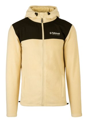 Beige fleecejack met een zwart bovenstuk, capuchon, voorrits en zijzakken; heeft een logo op de linkerborst.