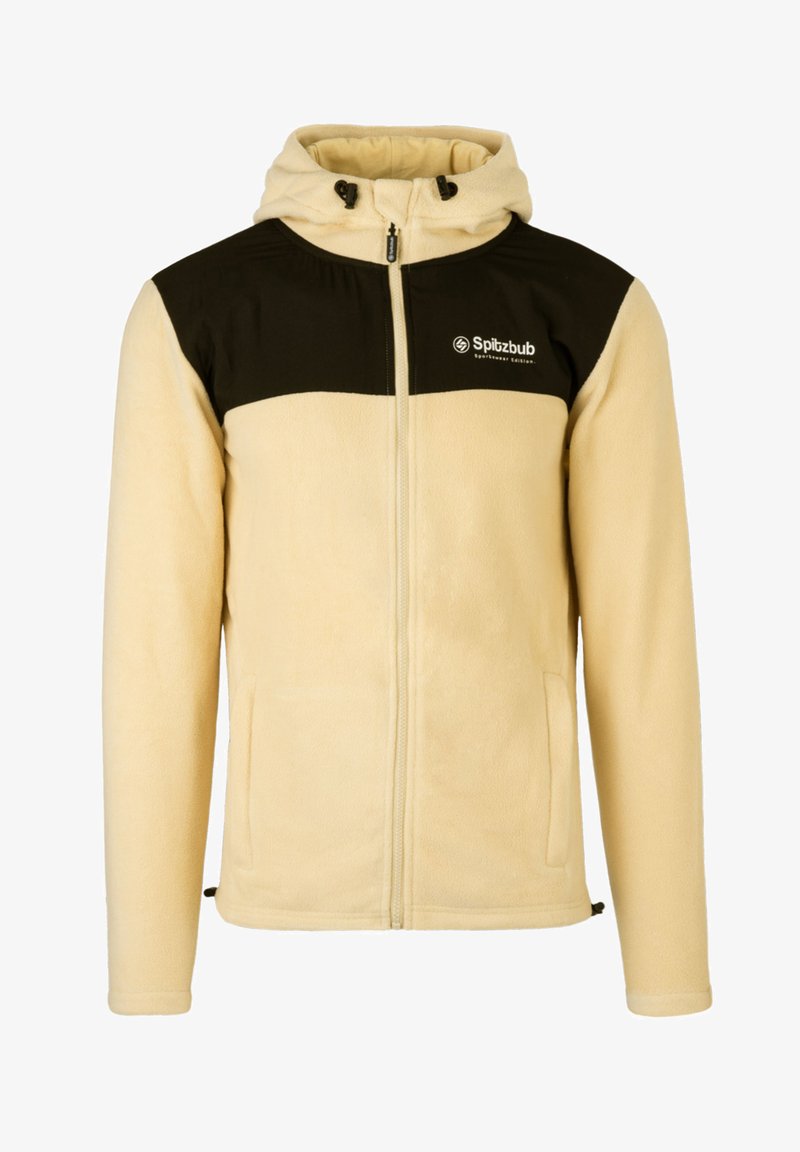 Beige fleecejack met een zwart bovenstuk, capuchon, voorrits en zijzakken; heeft een logo op de linkerborst.