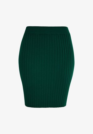 Vihreä ribbikuvioinen neulehame, jossa on vartalonmyötäinen muotoilu ja korkea vyötärö. Hame on valmistettu pehmeästä, teksturoidusta materiaalista.