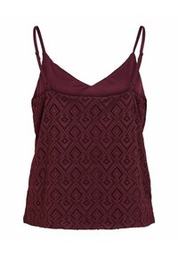 Haut bordeaux sans manches avec bretelles fines réglables et superposition en dentelle texturée en forme de losange à l'avant.