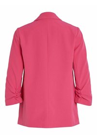 Rosa blazer med en strukturerad design, med långa ärmar med volangdetaljer och en snedskuren krage. Slät stofftextur.