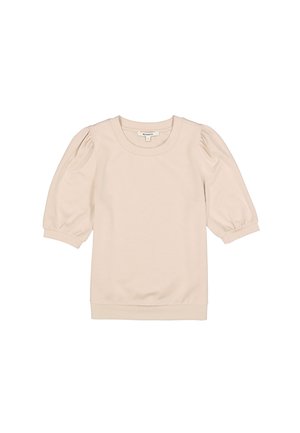 Lichtbeige pullover met opgeblazen korte mouwen, ronde hals en een aangesloten zoom. Gemaakt van zachte, gladde stof. Geen patronen of accenten.