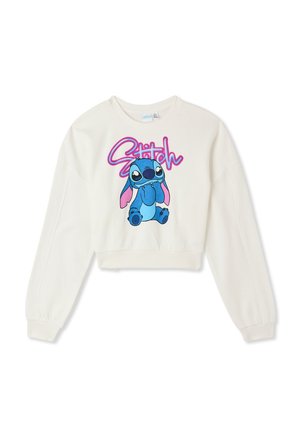 Felpa bianca tagliata con grafica del personaggio Stitch blu e dettagli rosa, con scollatura rotonda. Tessuto morbido e maniche lunghe.