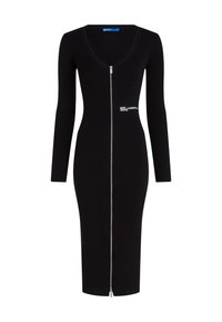 Vestido preto canelado com mangas longas, decote em V e fecho de correr frontal até ao chão. Apresenta um logótipo da Karl Lagerfeld Jeans na lateral.