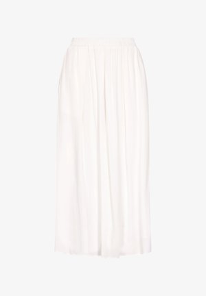 Fehér, térd alá érő szoknya sima, könnyű anyagból, gumis derékrésszel és puha redőkkel a légies megjelenés és a kényelem érdekében.