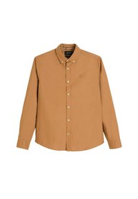 Jasnobrązowa koszula zapinana na guziki wykonana z bawełny, z wysmuklonym kołnierzykiem, długimi rękawami oraz małym haftowanym logo na piersi.