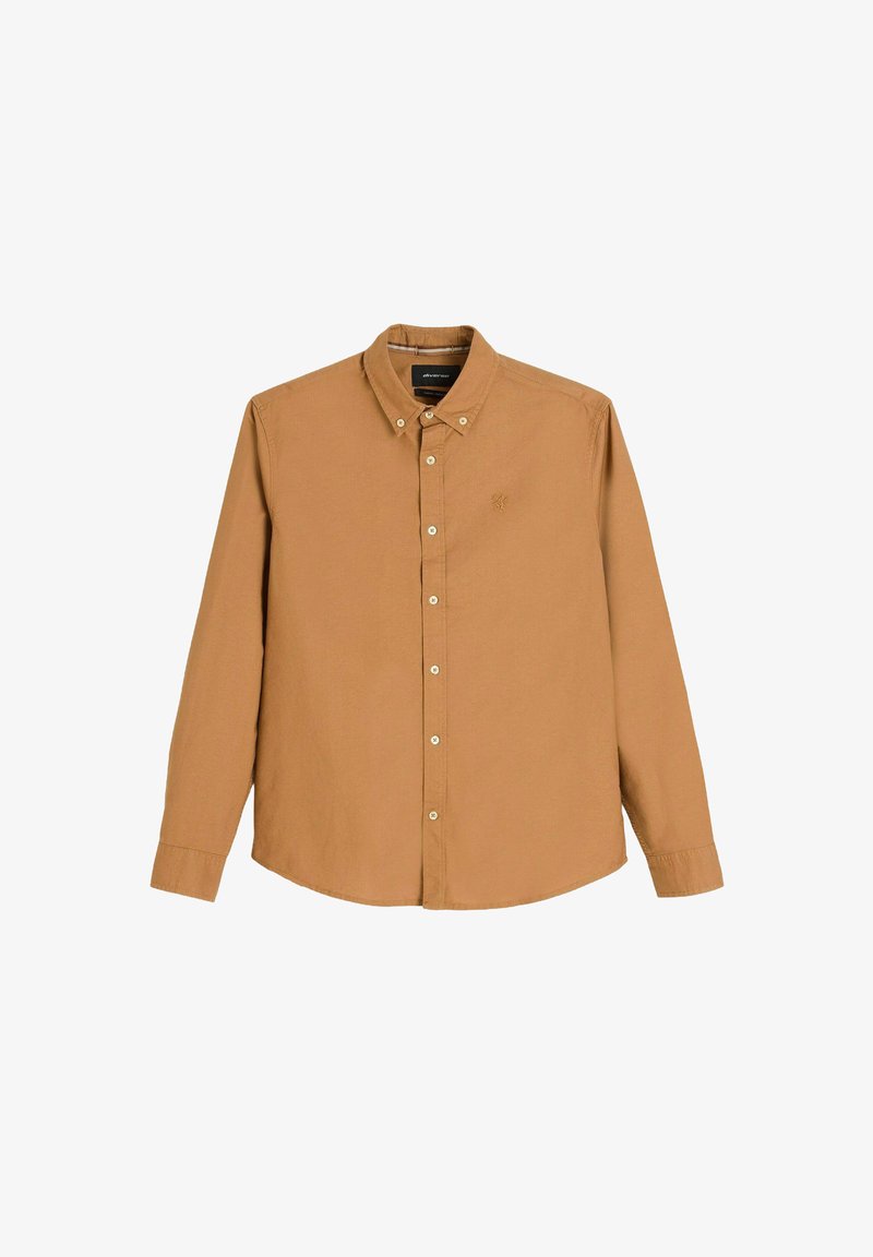 Jasnobrązowa koszula zapinana na guziki wykonana z bawełny, z wysmuklonym kołnierzykiem, długimi rękawami oraz małym haftowanym logo na piersi.