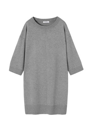 Hallide suuruse hall sweatdress ümmarguse kaeluse, kolmeveerandvarrukate, soonikkantide ja äärega. Valmistatud pehmest kangast, minimalistik disain.