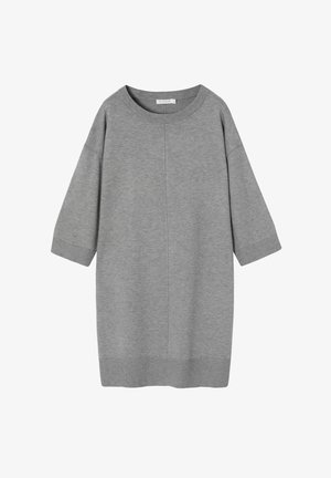 Rochie-sweatshirt supradimensionată gri, cu guler rotund, mâneci trei sferturi, și manșete și tiv ribbate. Fabricată dintr-un material moale, cu un design minimalist.