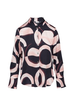 Camicia button-up di colore blu navy con grandi motivi circolari astratti in rosa e crema. Realizzata in tessuto leggero con una texture morbida e colletto a punta.