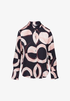 Chemise à boutons bleu marine avec de grands motifs circulaires abstraits en rose et crème. Fabriquée en tissu léger avec une texture douce et un col pointu.